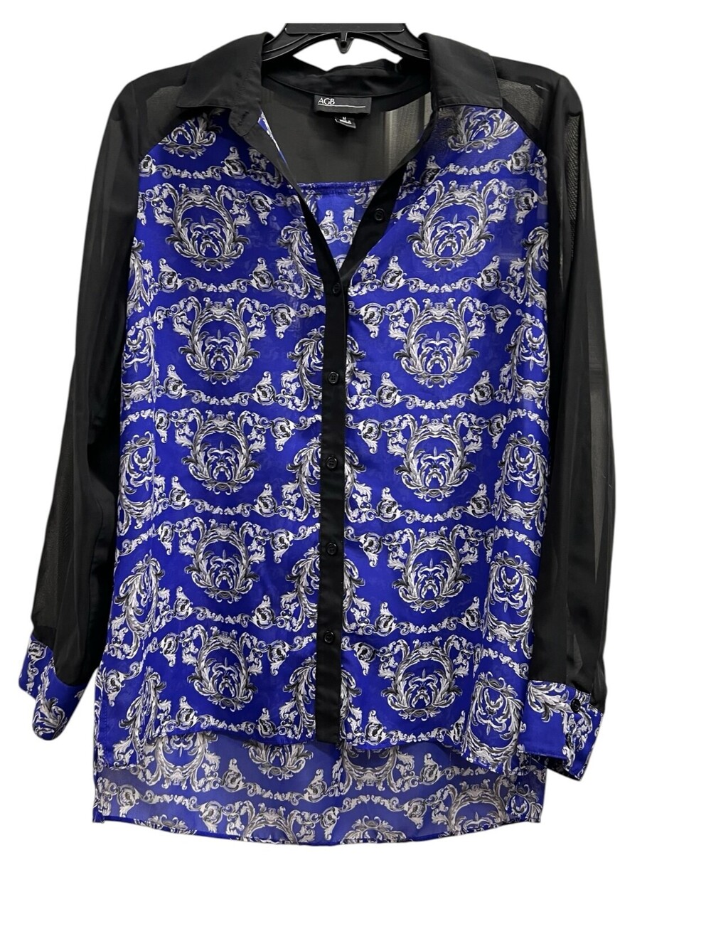 AGB semi sheer button-down royal blue silver baroque-style sz M
